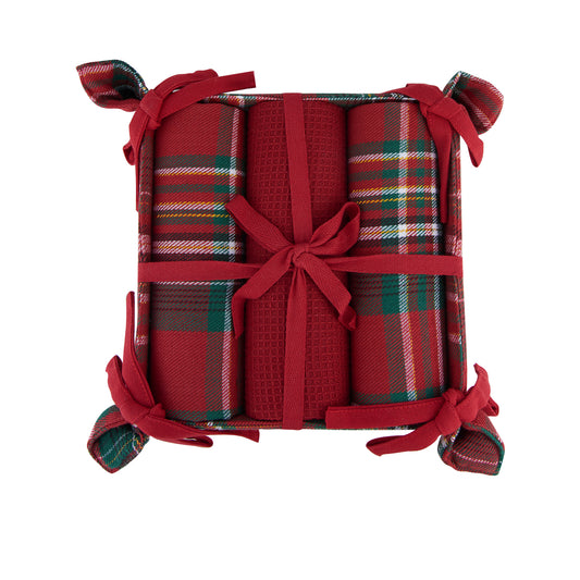 4 Piece Holiday Plaid Tea Towel & Bread Basket Set