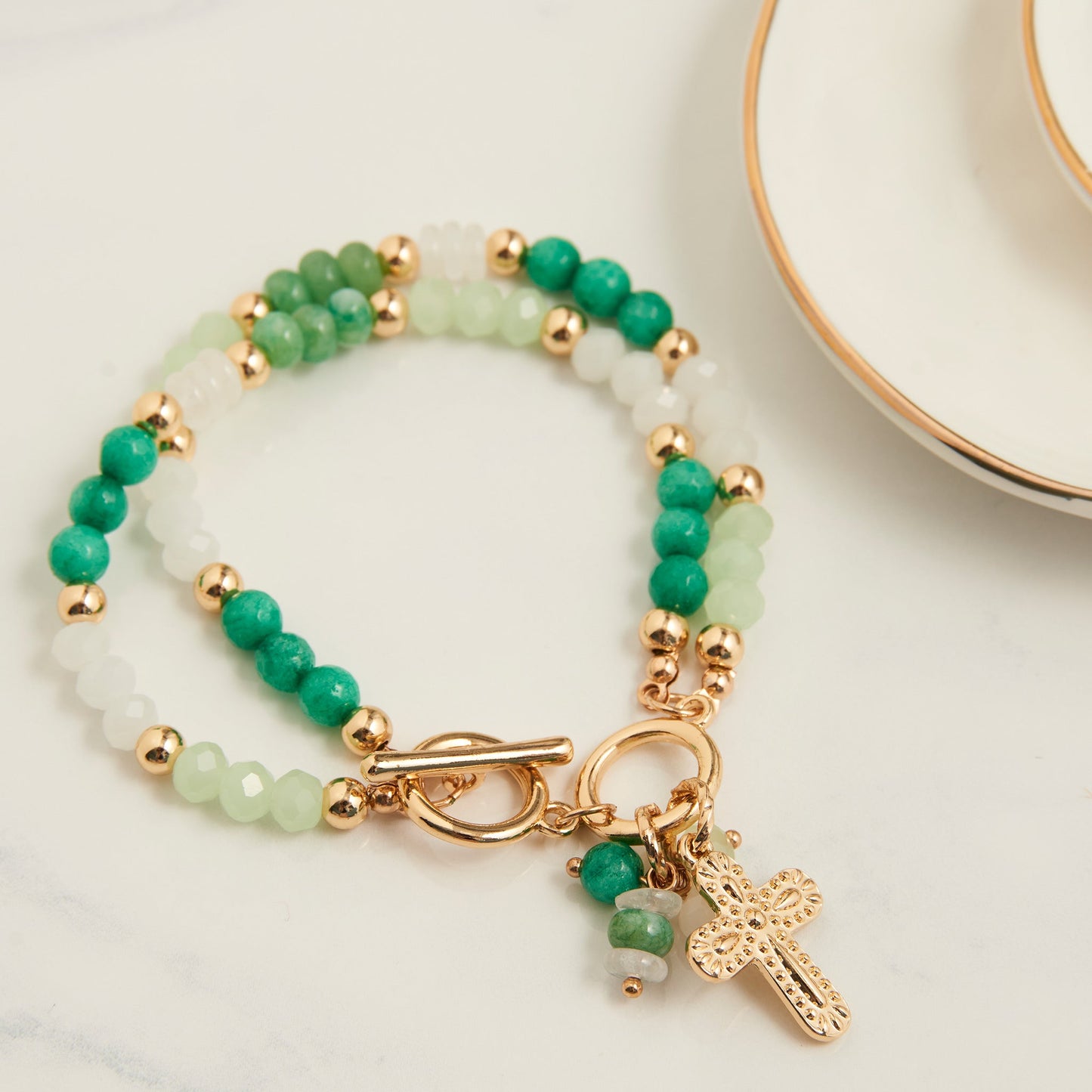 Kamryn Genuine Green Aventurine Multi Row Inspirational Charm Bracelet