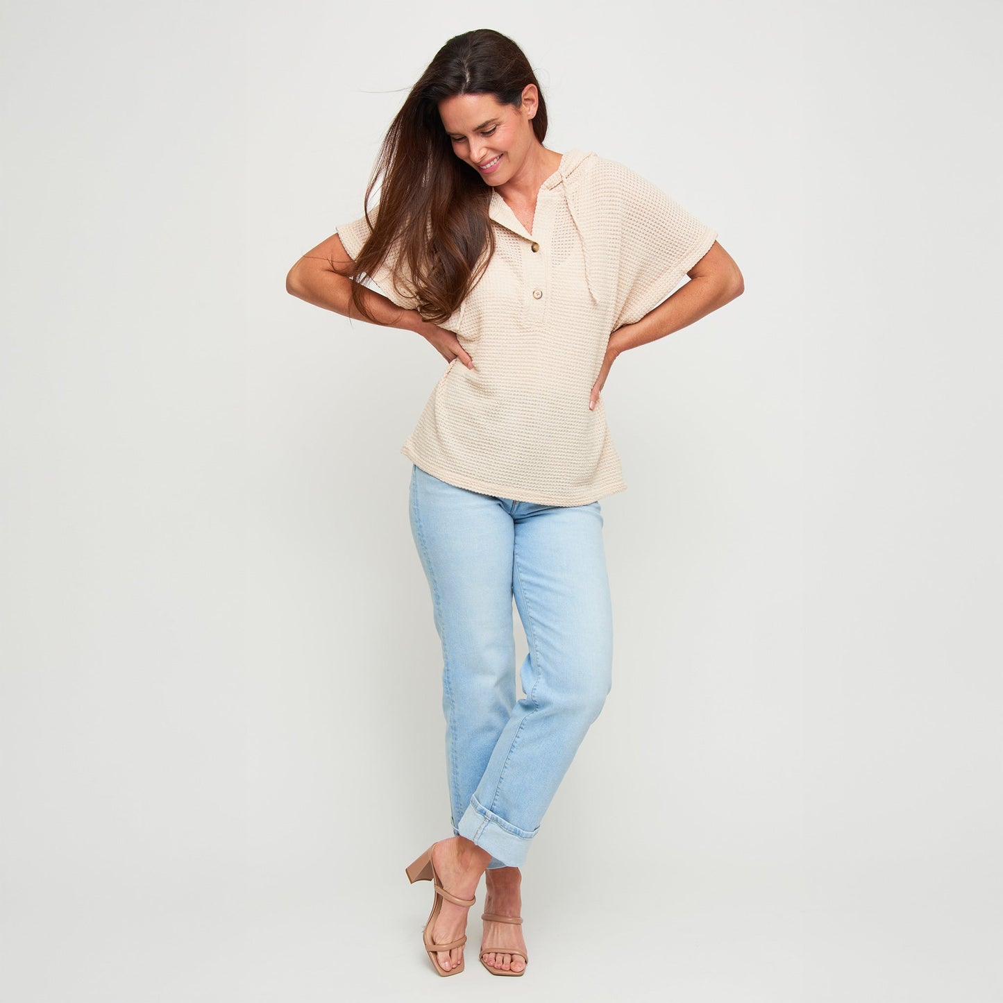 Carlie Waffle Knit Short Sleeve Hoodie