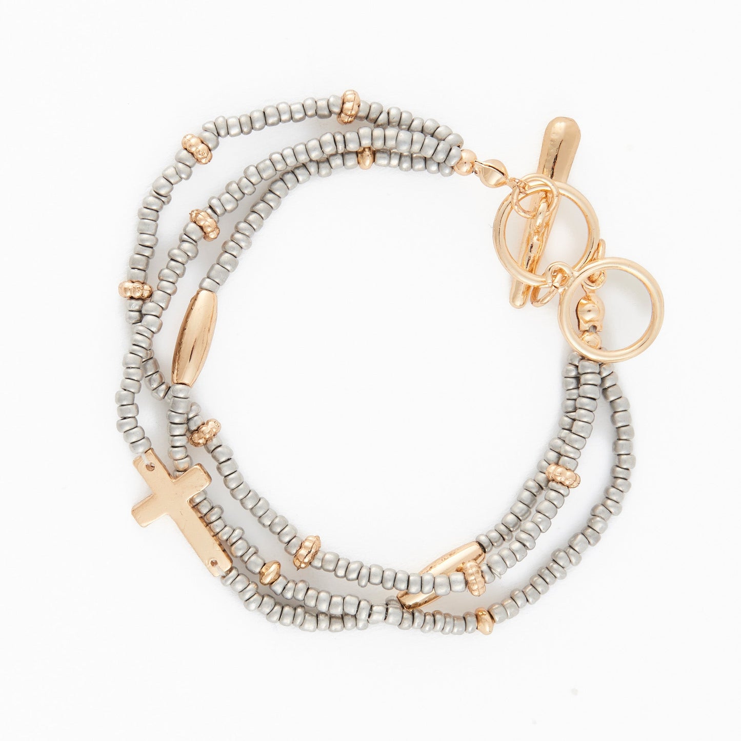 Amber Multi Row Seed Bead Cross Charm Toggle Bracelet