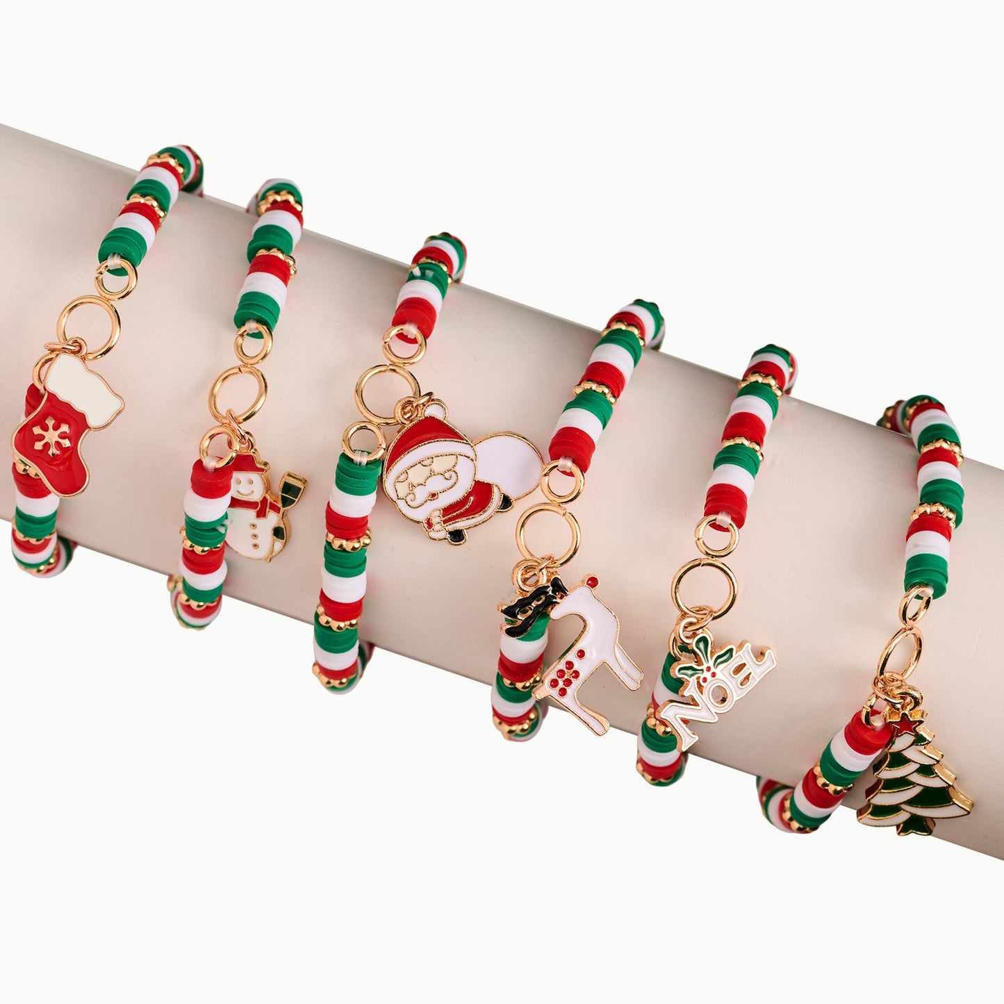 12 Piece Christmas Charm Heishi Bead Stretch Bracelet Assortment