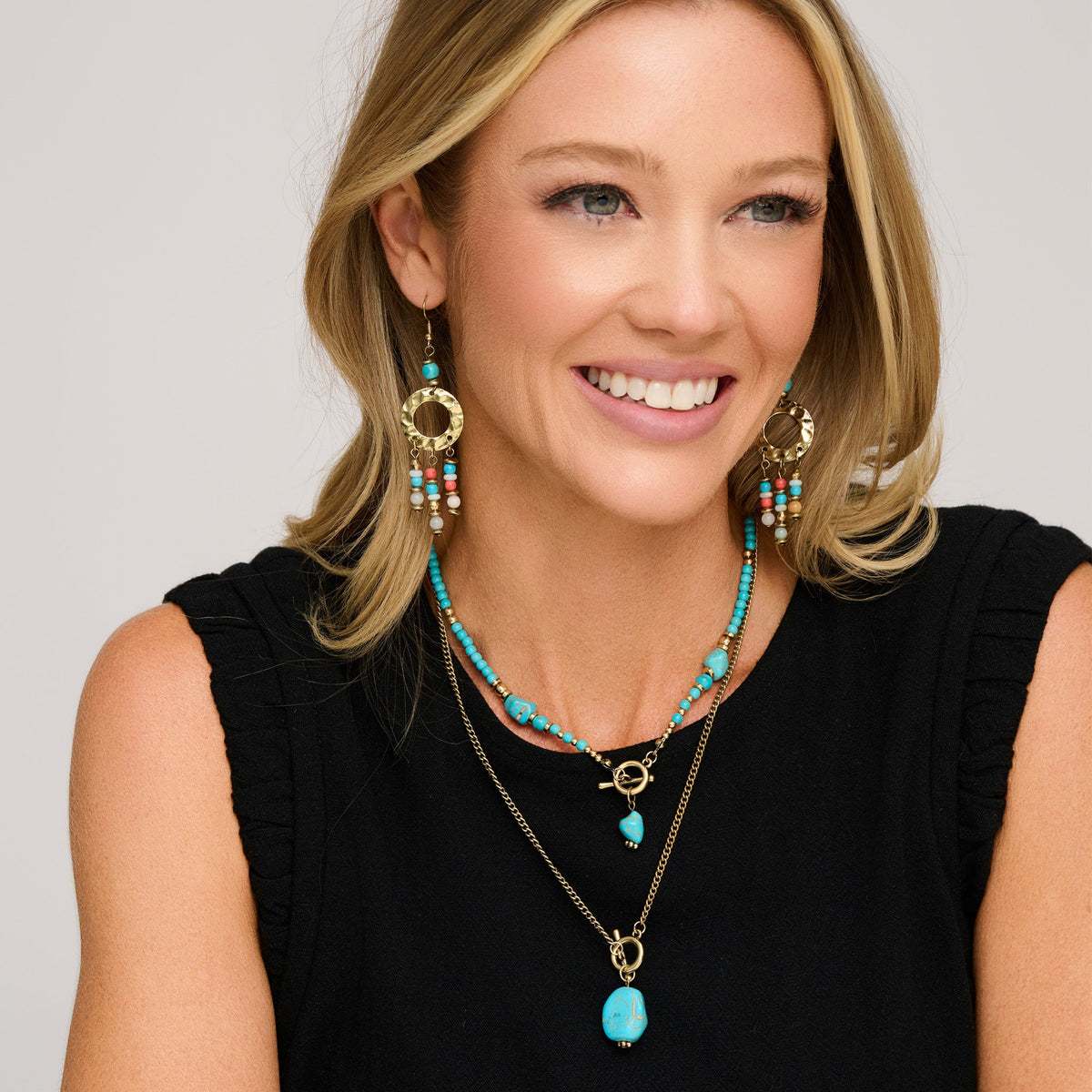 Indie Layered Chunky Genuine Turquoise Stone Pendant Necklace