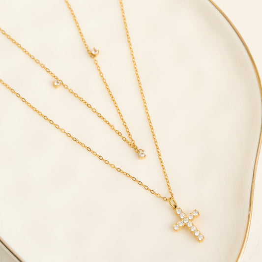 Narelle Waterproof Dainty Double Row Cross Charm Necklace