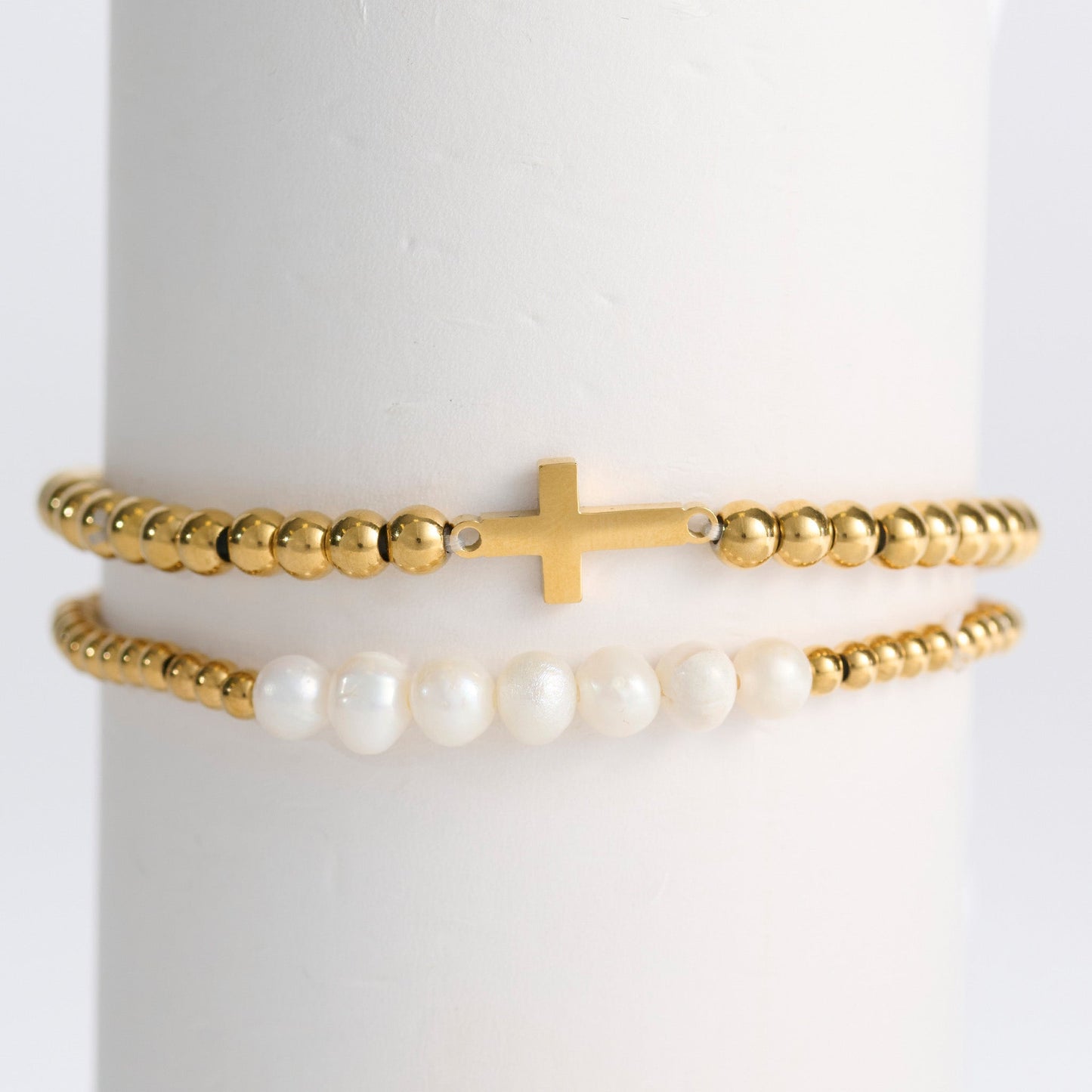 Narelle Waterproof Pearl And Cross Stretch Bracelet Set