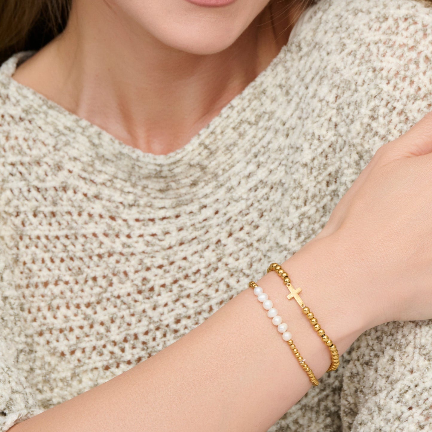 Narelle Waterproof Pearl And Cross Stretch Bracelet Set