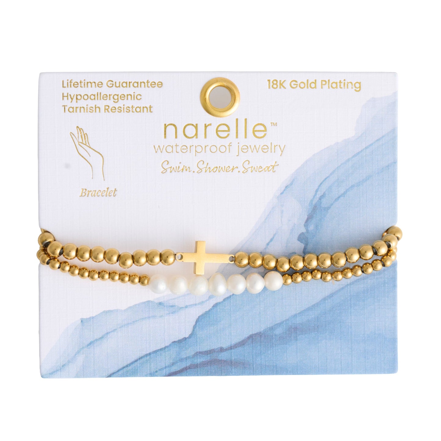 Narelle Waterproof Pearl And Cross Stretch Bracelet Set