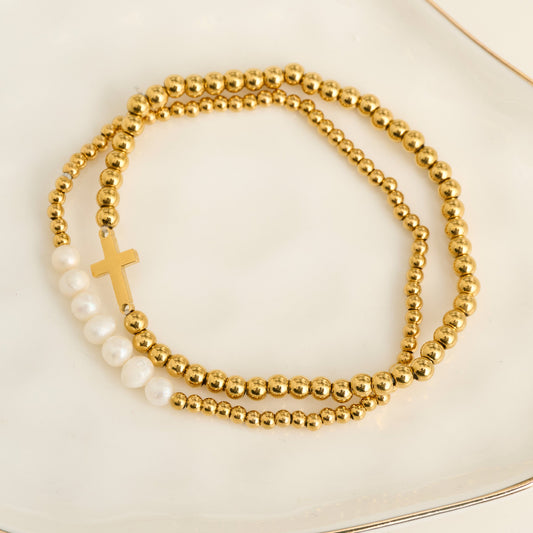 Narelle Waterproof Pearl And Cross Stretch Bracelet Set