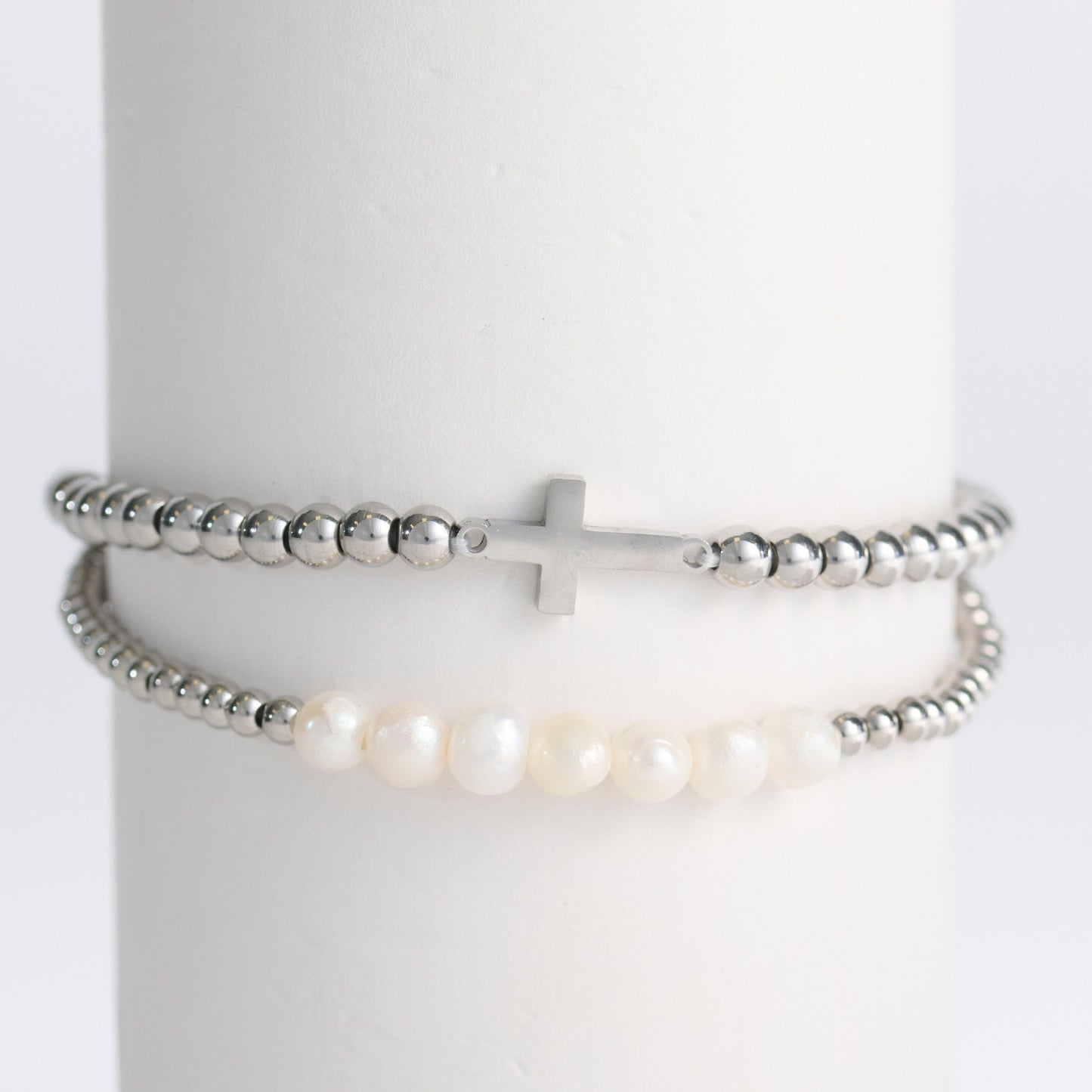 Narelle Waterproof Pearl And Cross Stretch Bracelet Set