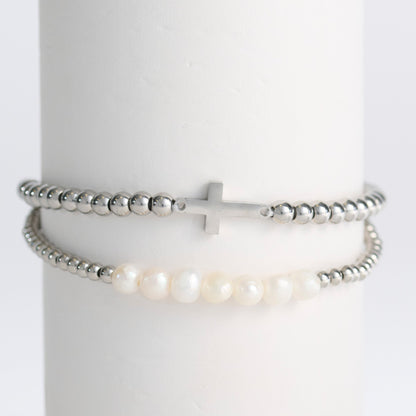 Narelle Waterproof Pearl And Cross Stretch Bracelet Set
