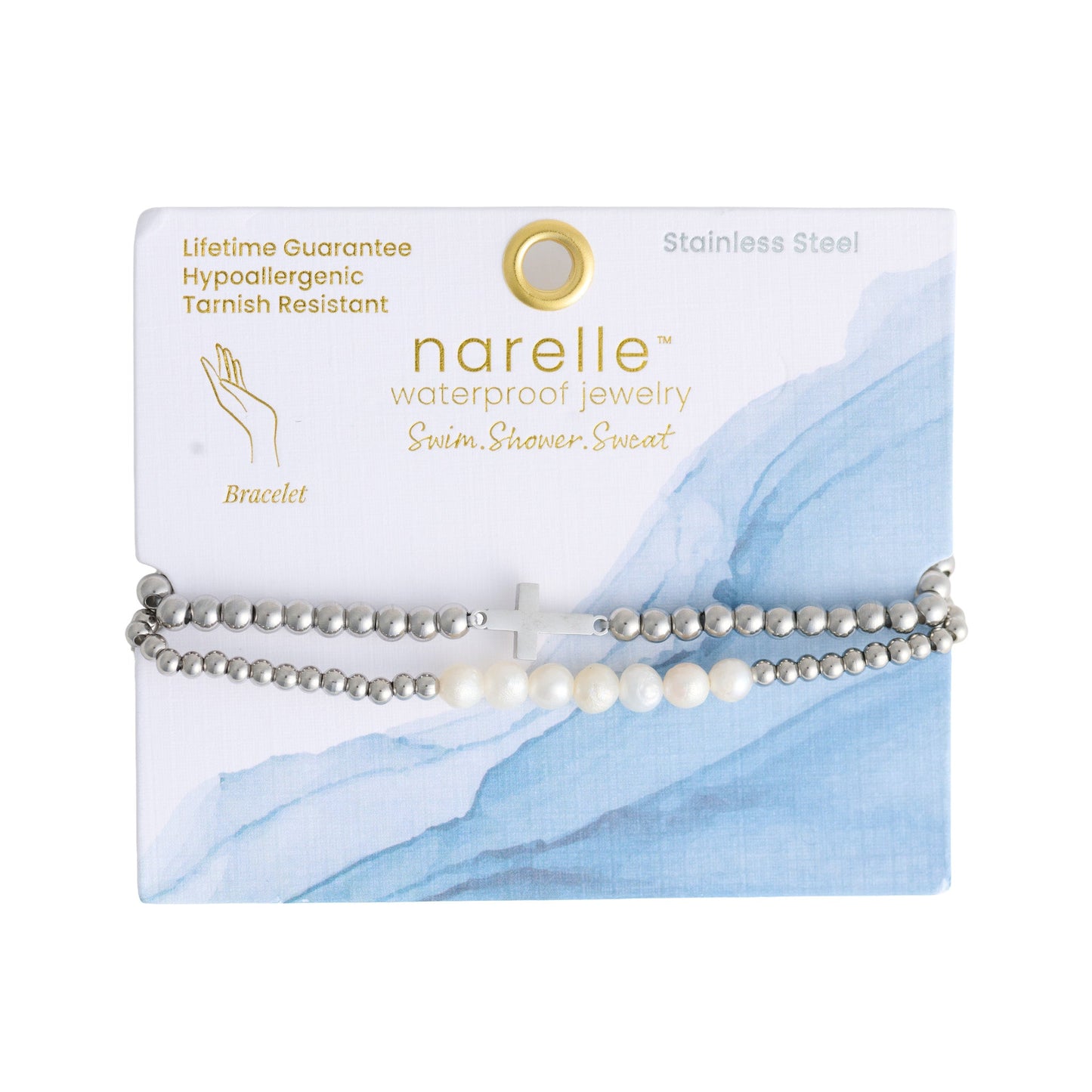 Narelle Waterproof Pearl And Cross Stretch Bracelet Set