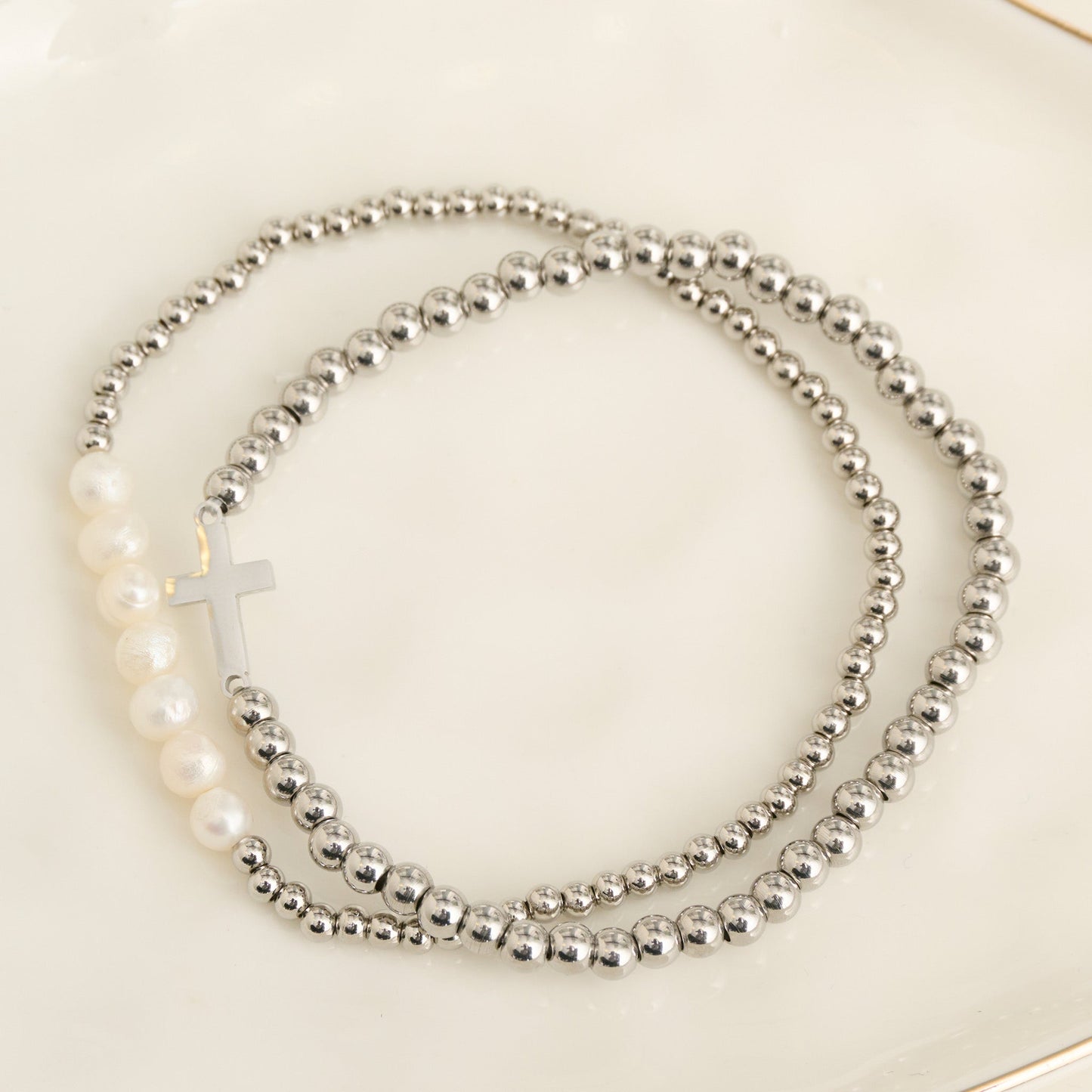 Narelle Waterproof Pearl And Cross Stretch Bracelet Set