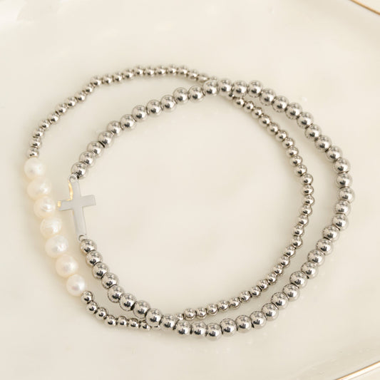 Narelle Waterproof Pearl And Cross Stretch Bracelet Set