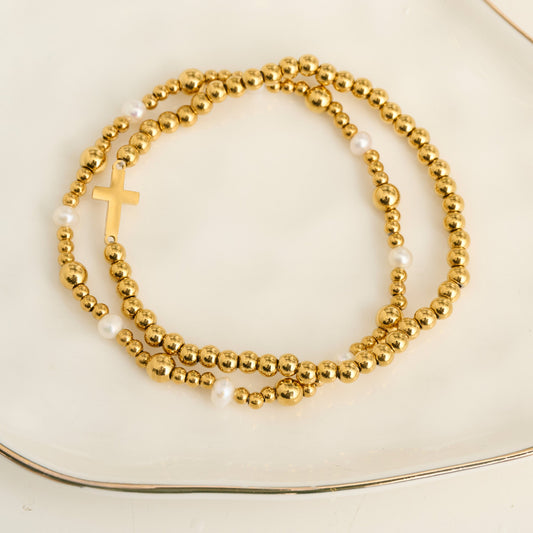 Narelle Waterproof Pearl Station and Cross Stretch Bracelet Set
