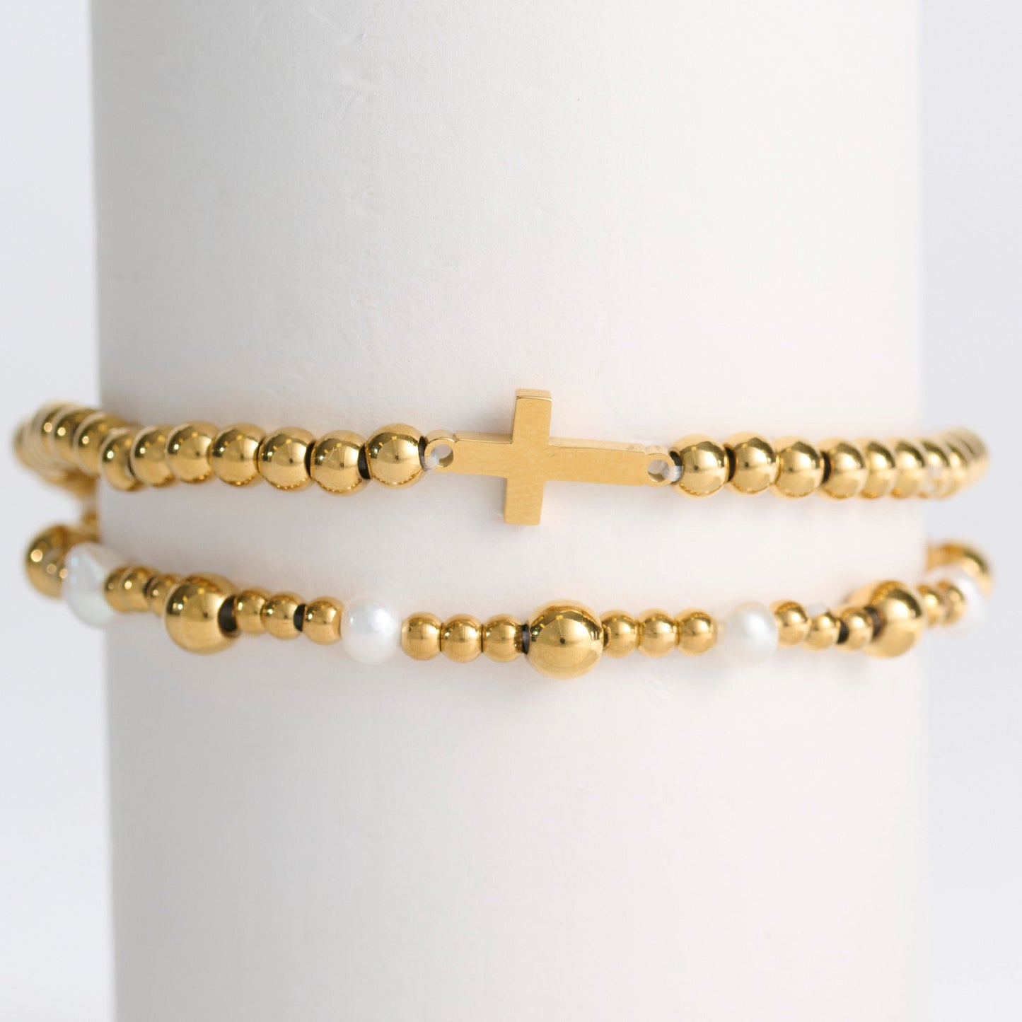 Narelle Waterproof Pearl Station and Cross Stretch Bracelet Set