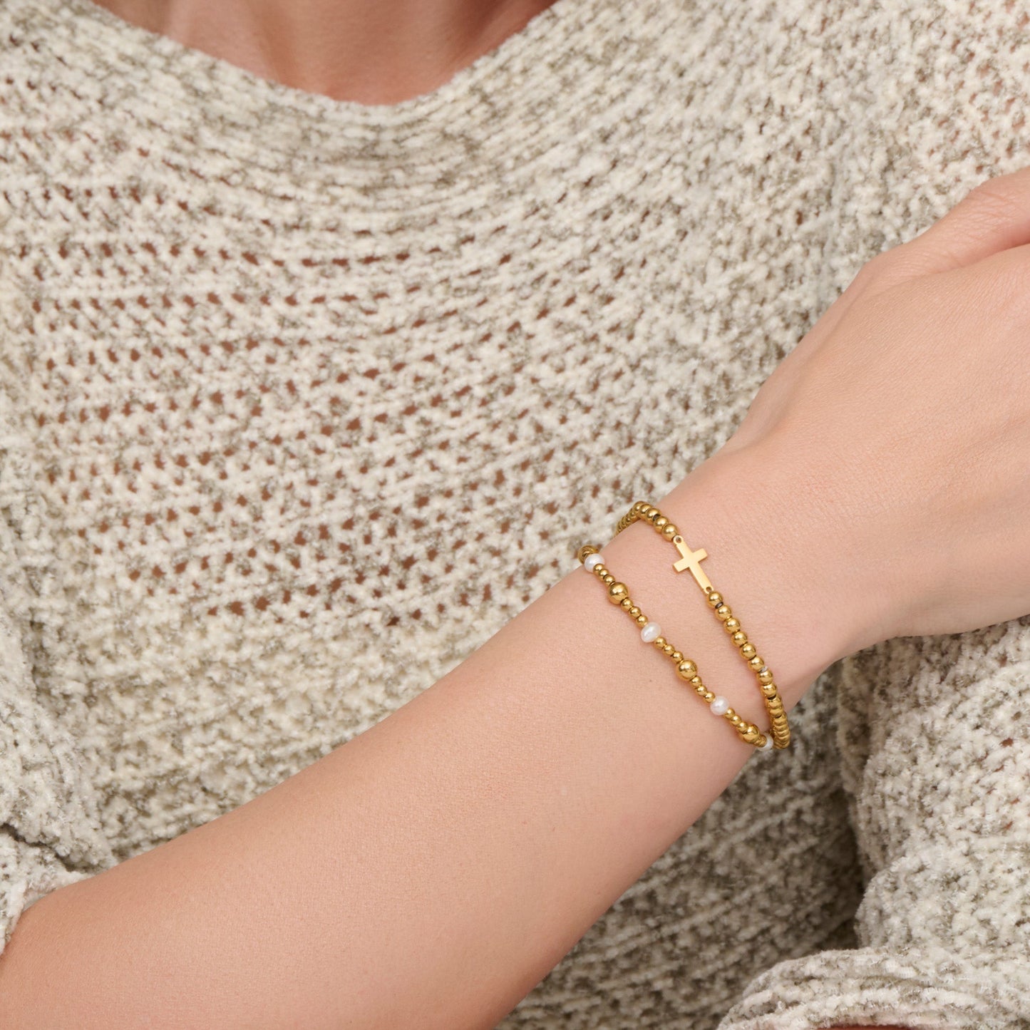Narelle Waterproof Pearl Station and Cross Stretch Bracelet Set