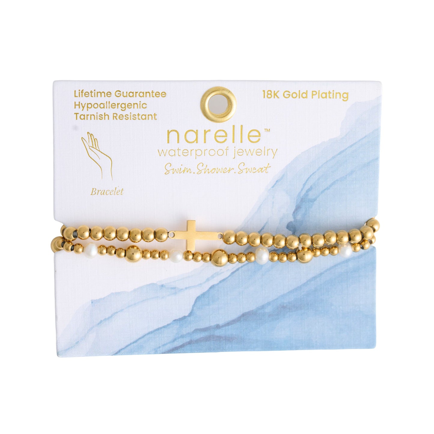 Narelle Waterproof Pearl Station and Cross Stretch Bracelet Set