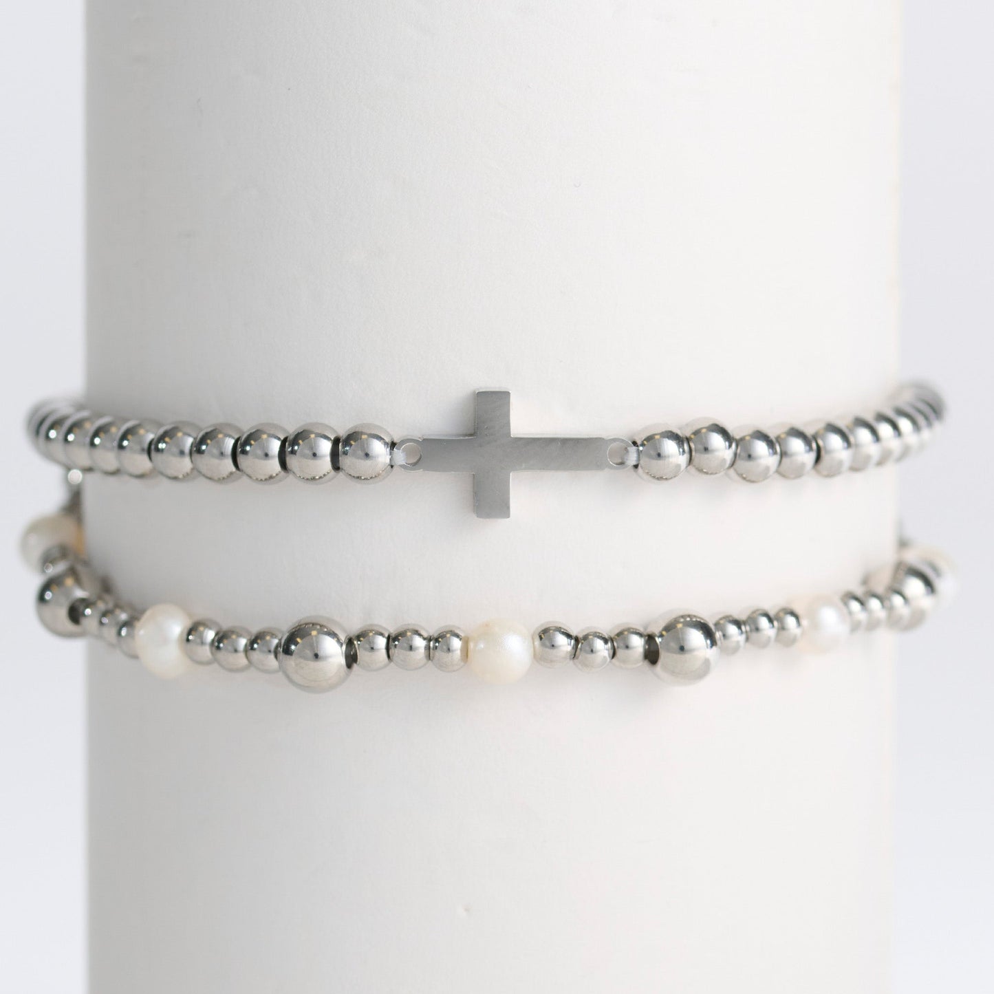 Narelle Waterproof Pearl Station and Cross Stretch Bracelet Set