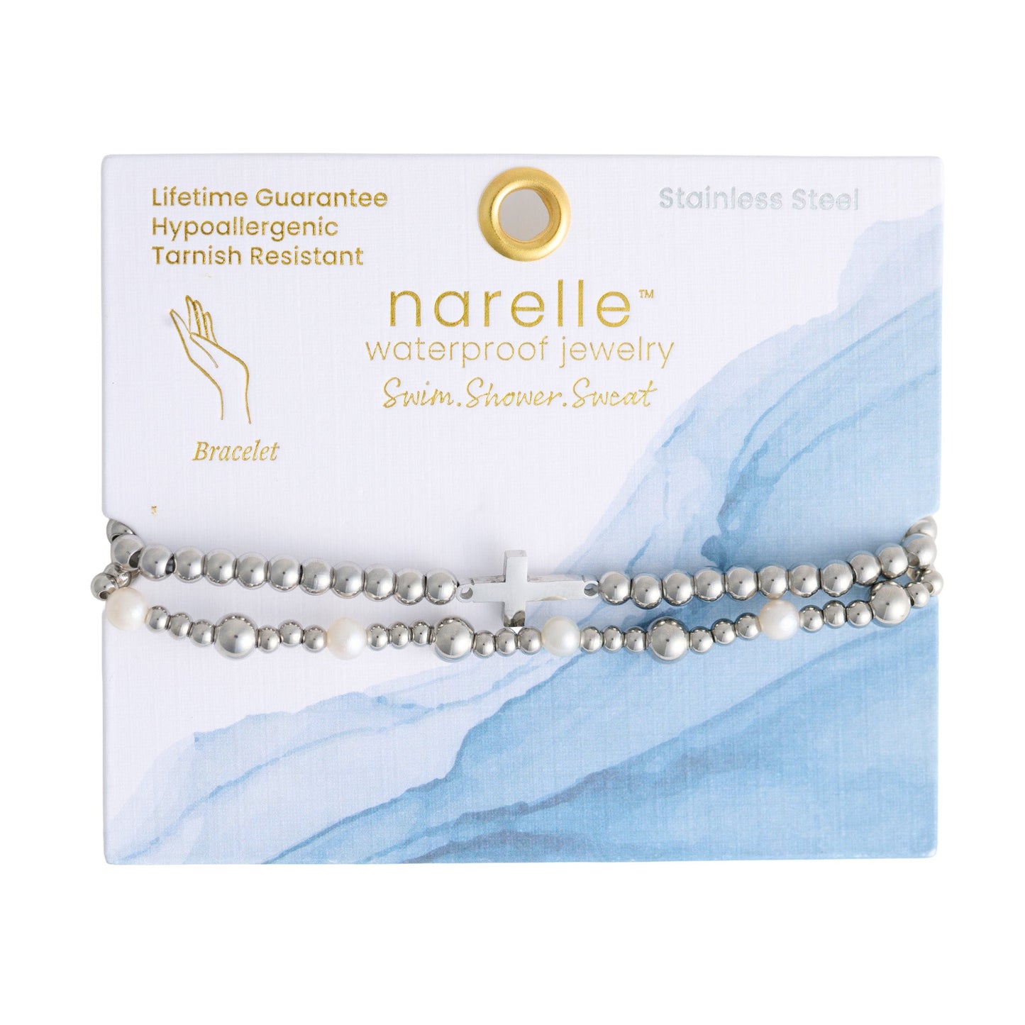 Narelle Waterproof Pearl Station and Cross Stretch Bracelet Set