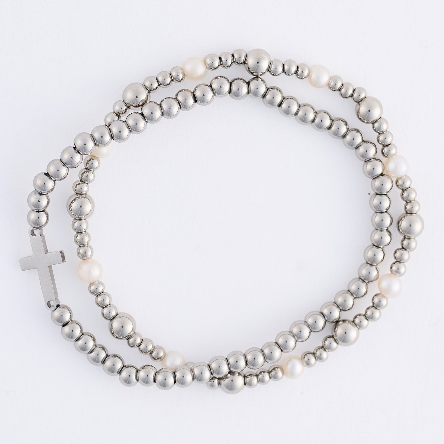 Narelle Waterproof Pearl Station and Cross Stretch Bracelet Set