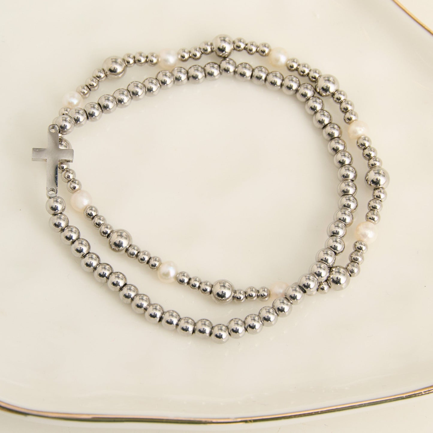 Narelle Waterproof Pearl Station and Cross Stretch Bracelet Set