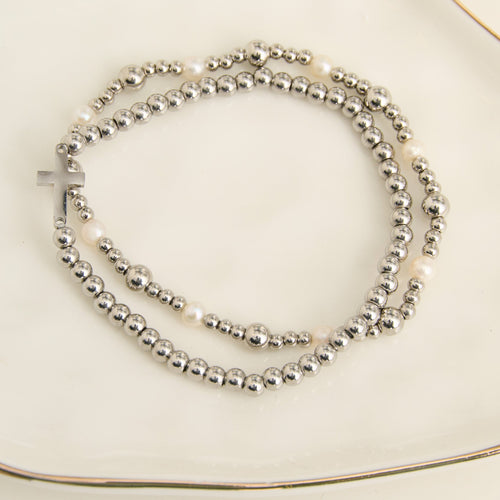 Narelle Waterproof Pearl Station and Cross Stretch Bracelet Set