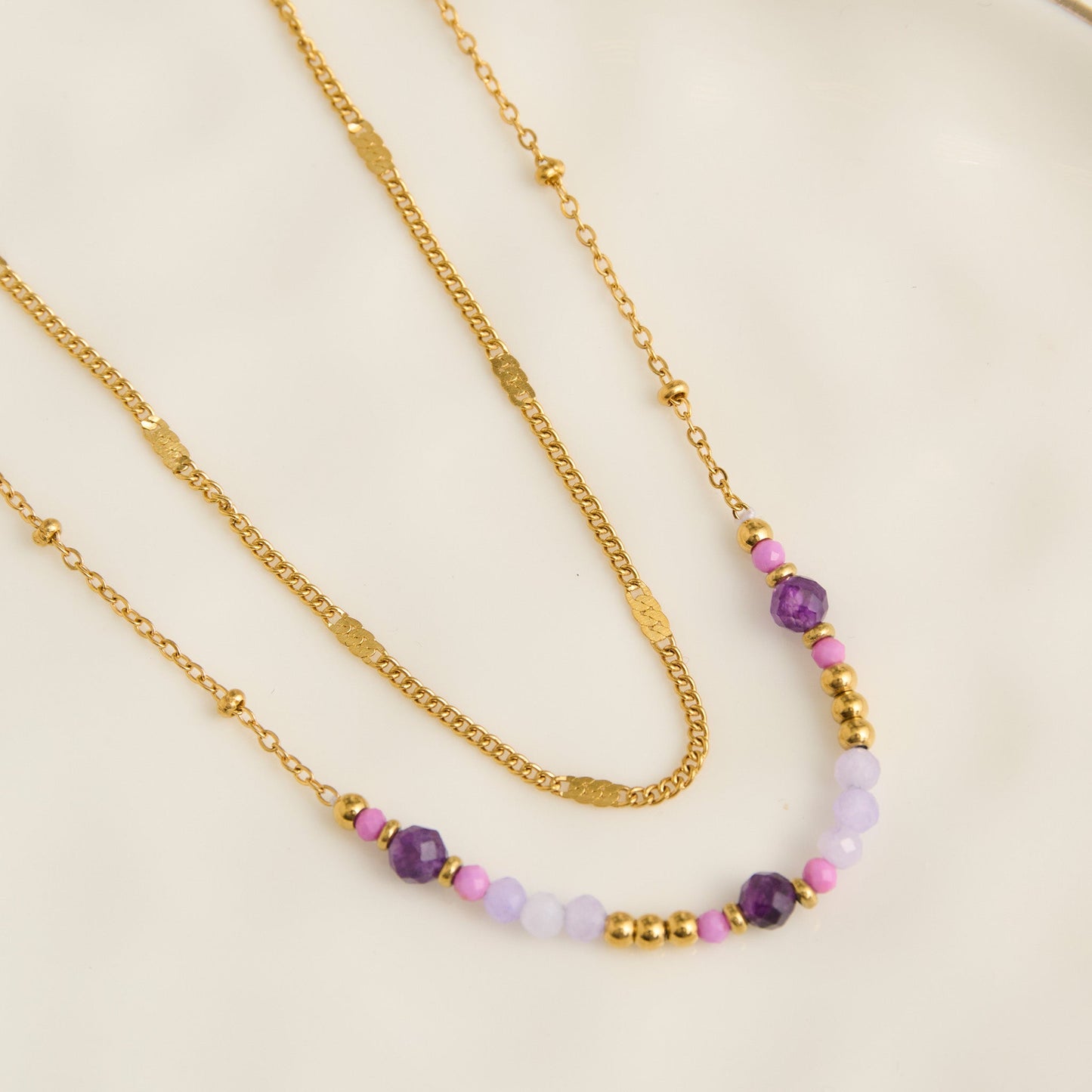 Narelle Waterproof Genuine Amethyst Dainty Double Row Necklace