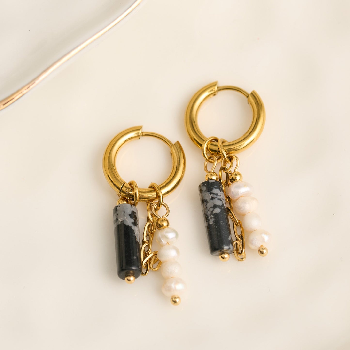 Narelle Waterproof Genuine Apatite and Pearl Charm Hoop Earrings