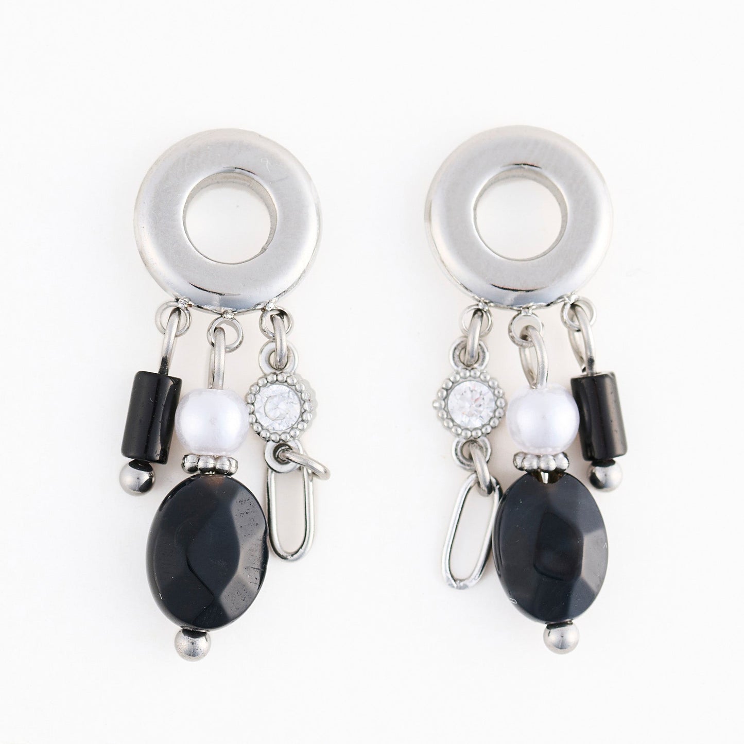 Narelle Waterproof Genuine Black Agate Multi Charm Hoop Drop Earrings