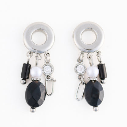 Narelle Waterproof Genuine Black Agate Multi Charm Hoop Drop Earrings