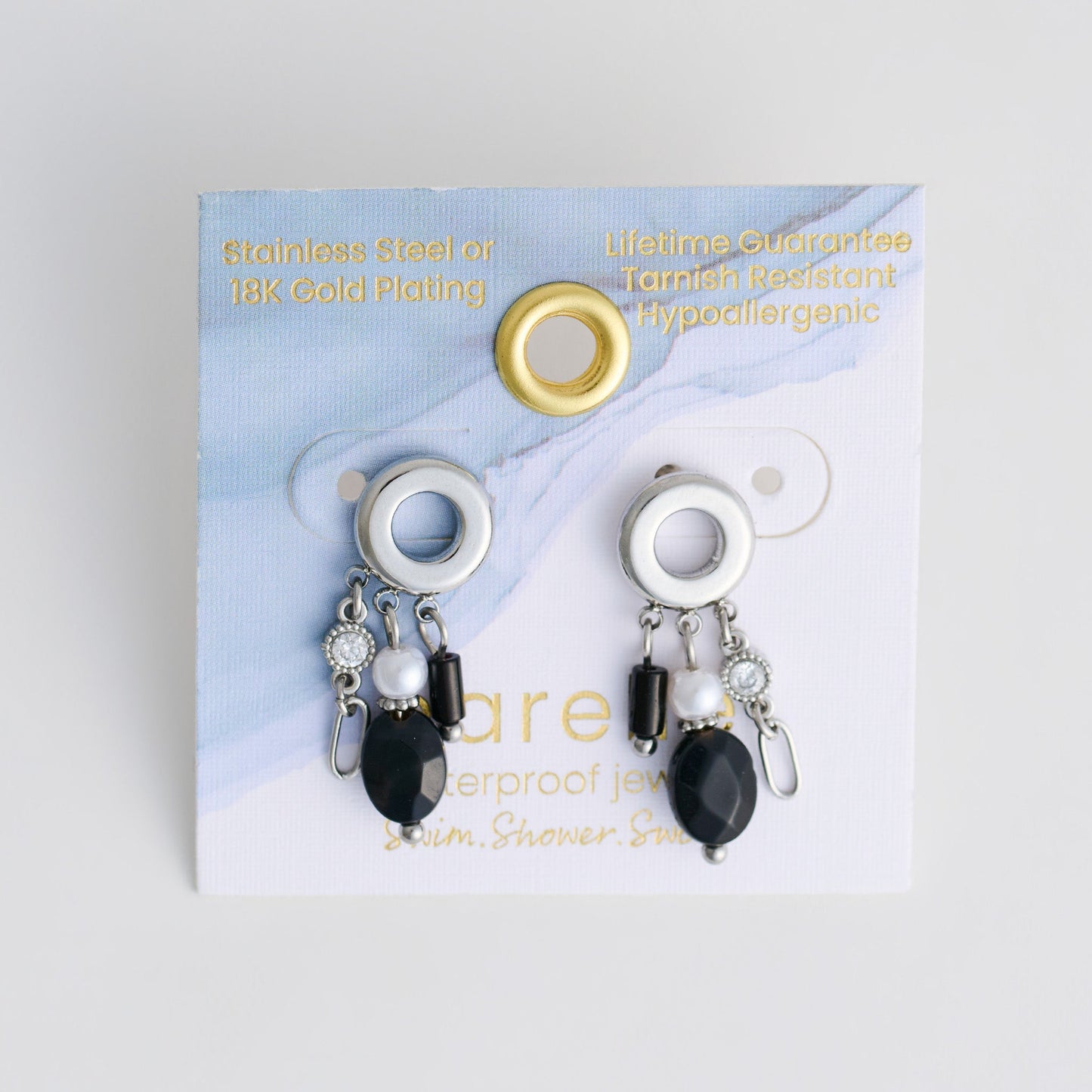 Narelle Waterproof Genuine Black Agate Multi Charm Hoop Drop Earrings