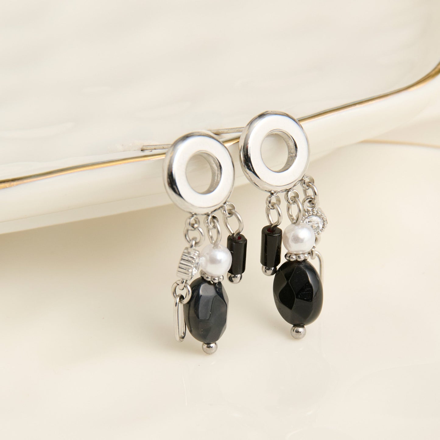 Narelle Waterproof Genuine Black Agate Multi Charm Hoop Drop Earrings