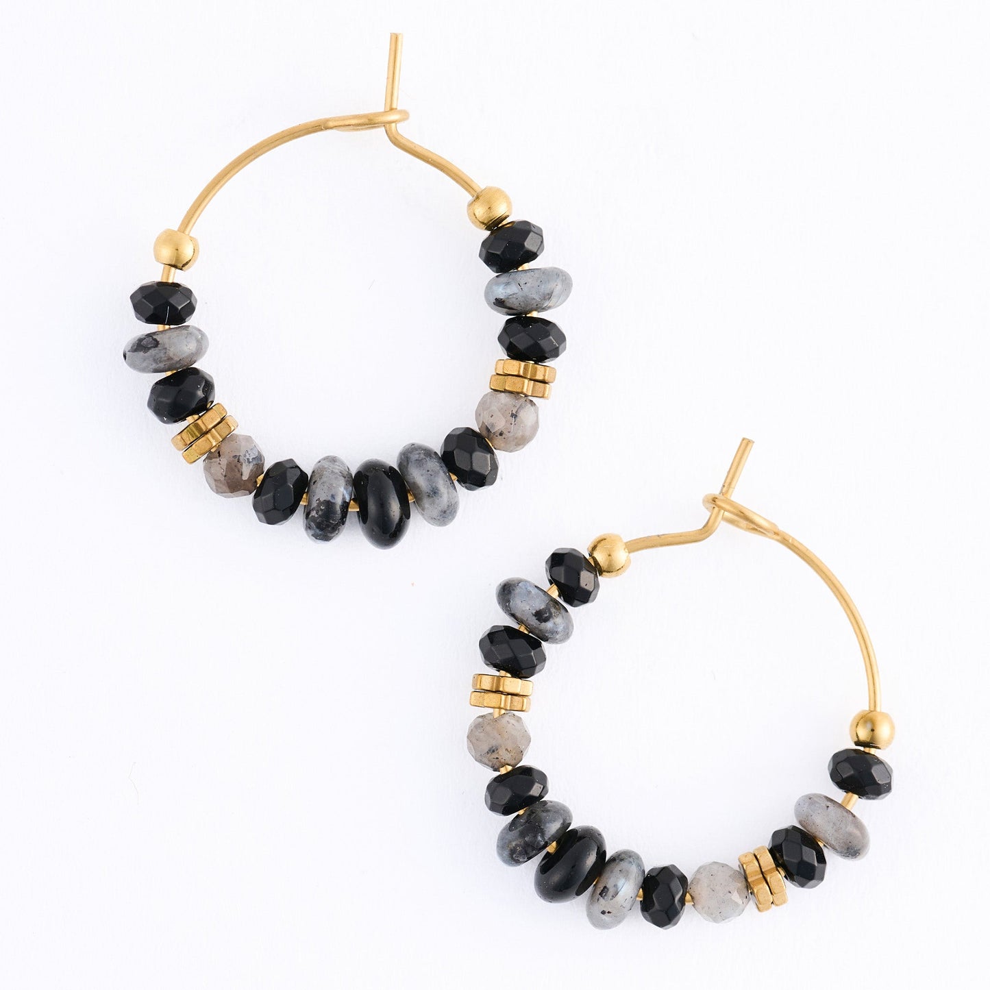 Narelle Waterproof Genuine Black Agate Beaded Hoop Earrings