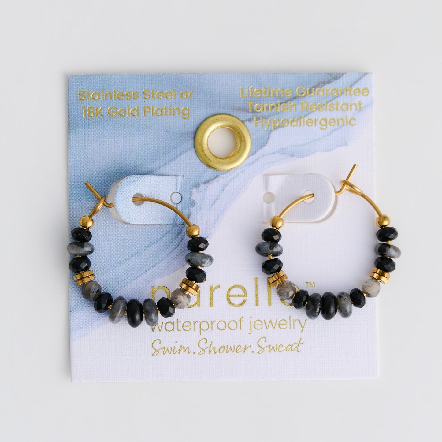 Narelle Waterproof Genuine Black Agate Beaded Hoop Earrings