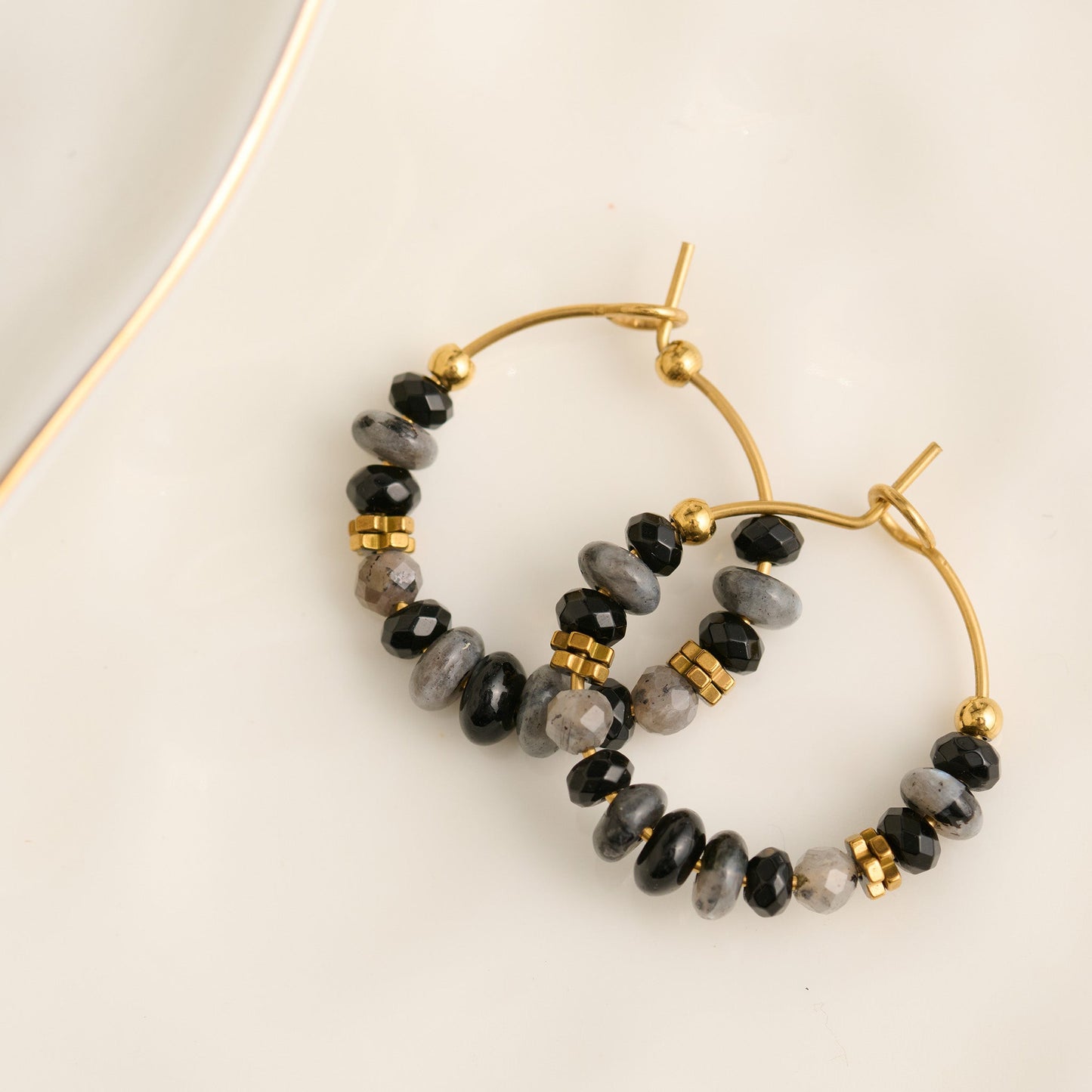 Narelle Waterproof Genuine Black Agate Beaded Hoop Earrings