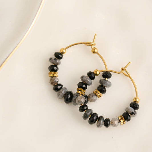 Narelle Waterproof Genuine Black Agate Beaded Hoop Earrings