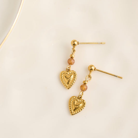 Narelle Waterproof Genuine Tiger's Eye Dangle Heart Earrings
