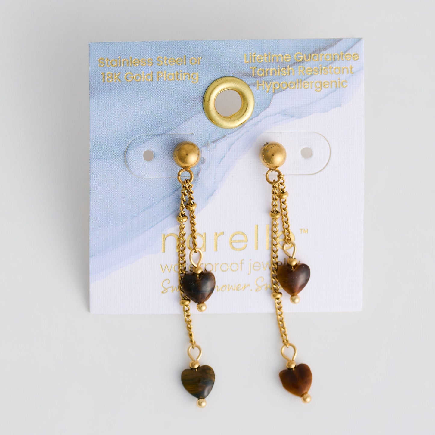 Narelle Waterproof Genuine Tiger's Eye Stone Heart Earrings