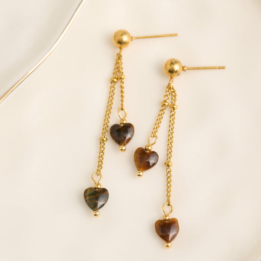 Narelle Waterproof Genuine Tiger's Eye Stone Heart Earrings