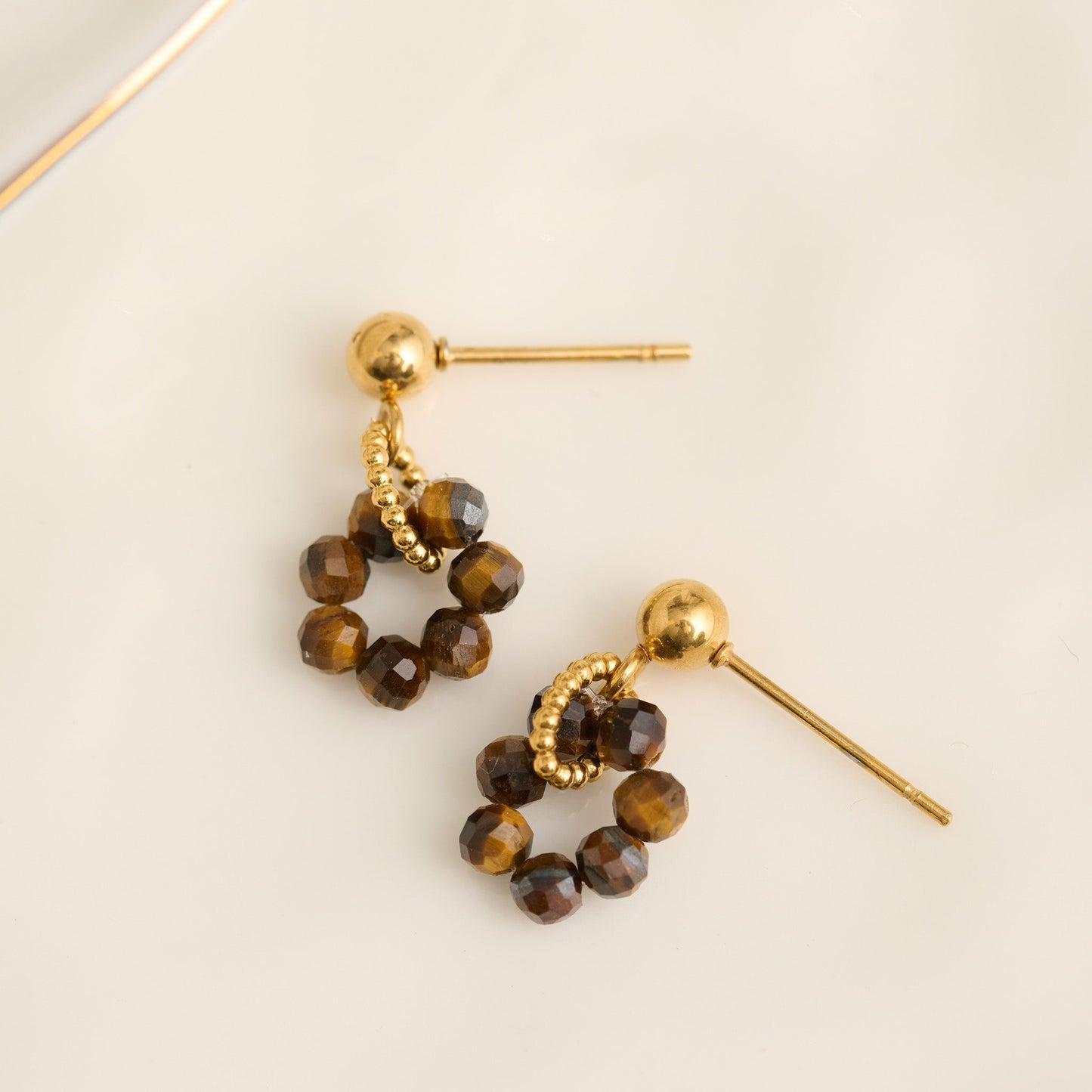 Narelle Waterproof Genuine Tiger's Eye Beaded Hoop Drop Earrings