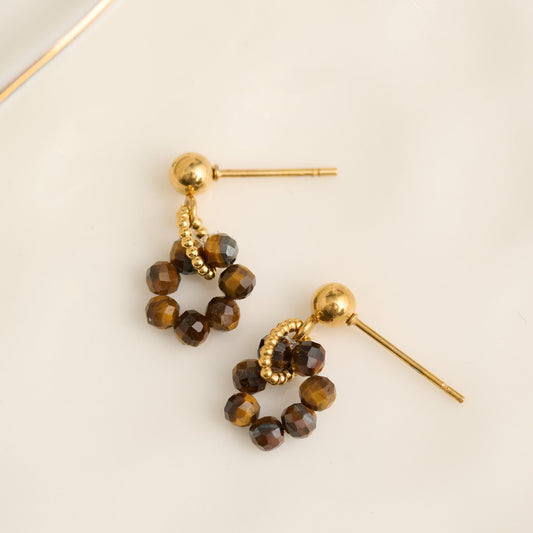 Narelle Waterproof Genuine Tiger's Eye Beaded Hoop Drop Earrings