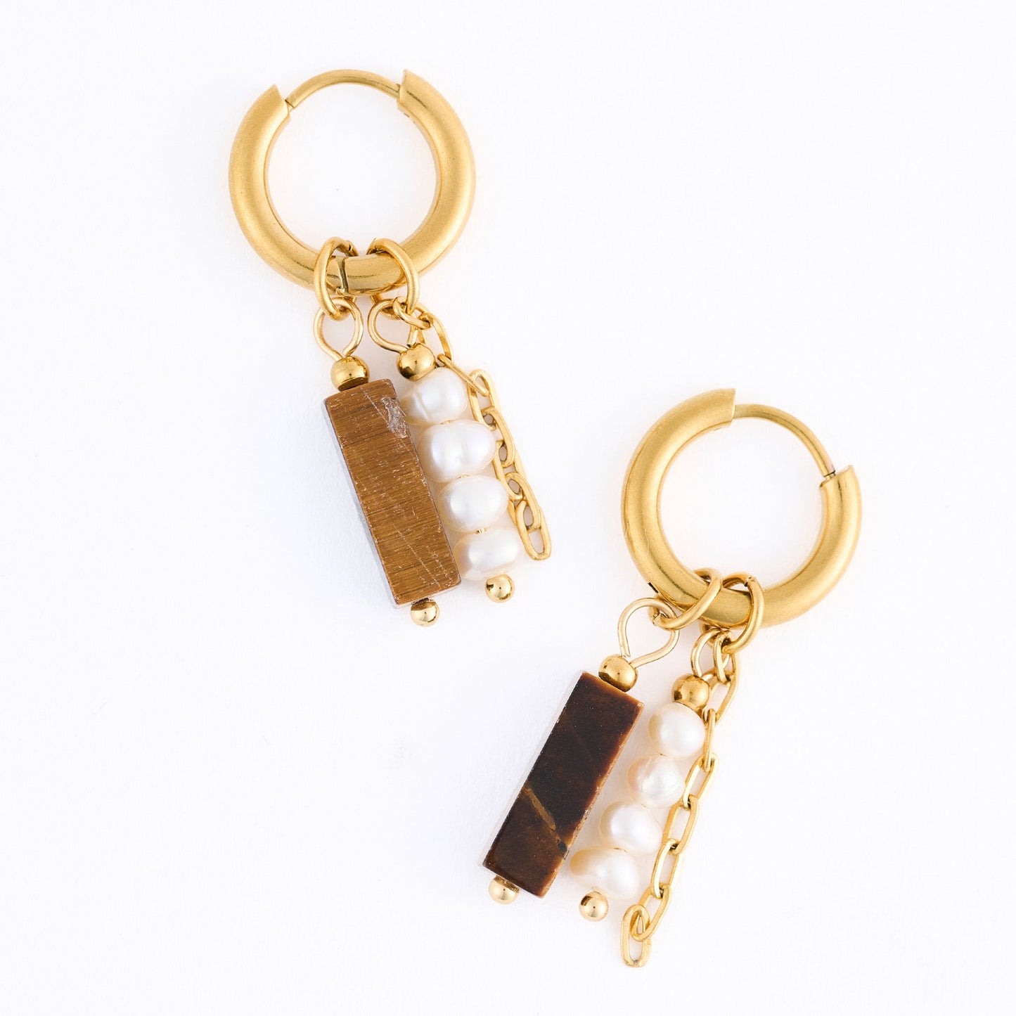 Narelle Waterproof Genuine Tiger's Eye and Pearl Charm Hoop Earrings