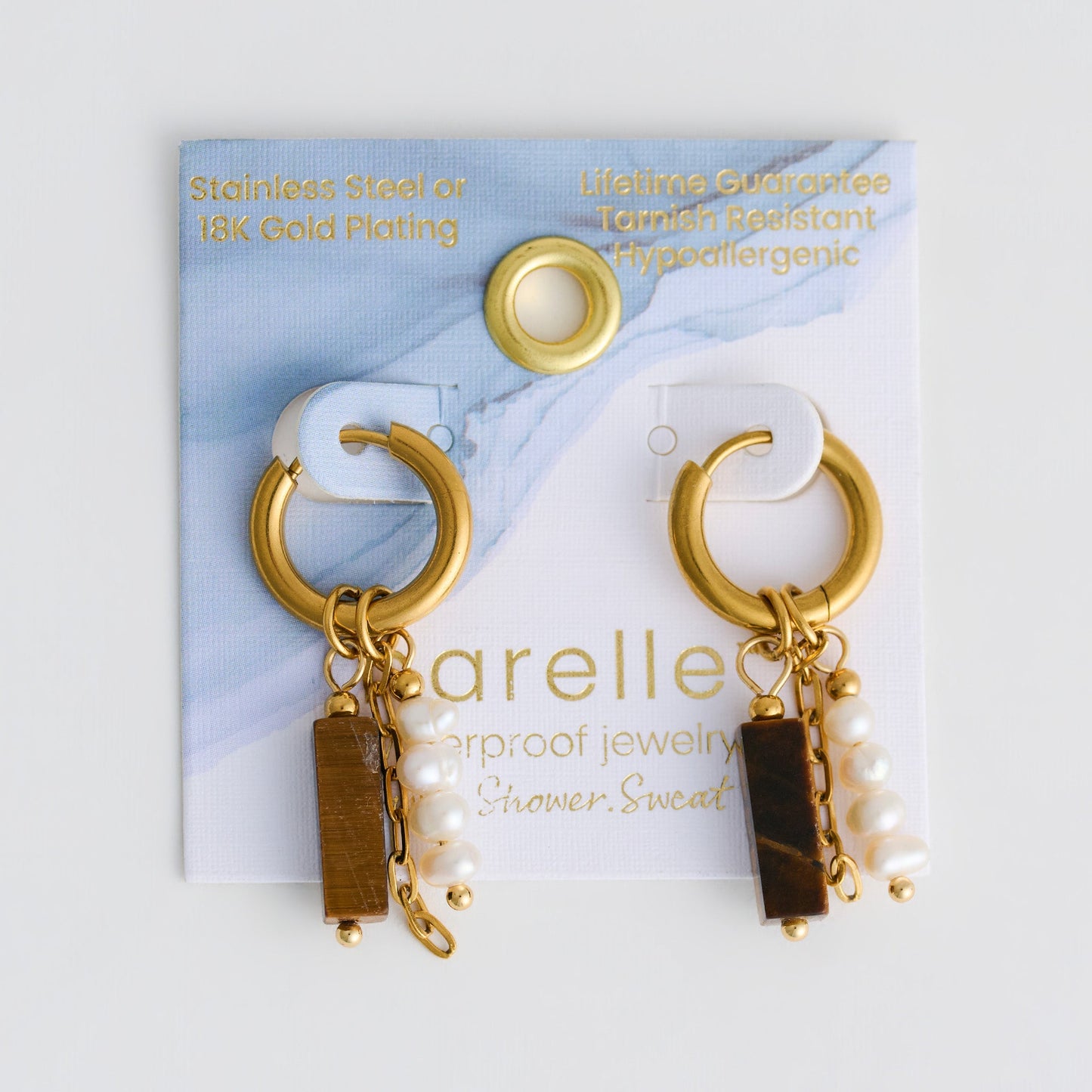 Narelle Waterproof Genuine Tiger's Eye and Pearl Charm Hoop Earrings