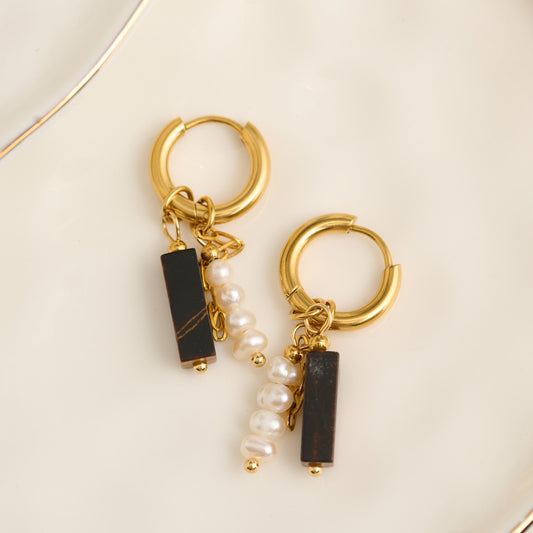 Narelle Waterproof Genuine Tiger's Eye and Pearl Charm Hoop Earrings