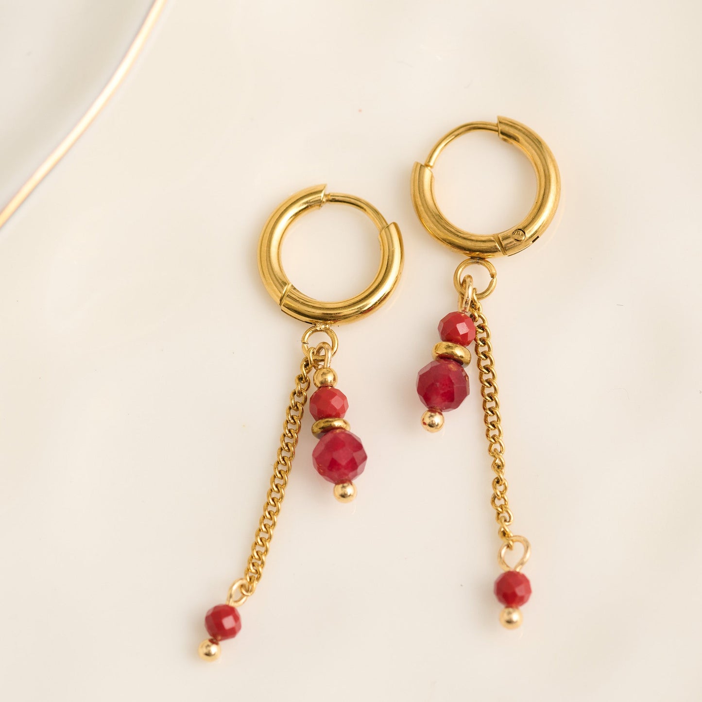 Narelle Waterproof Genuine Red Agate And Chain Hoop Drop Earrings