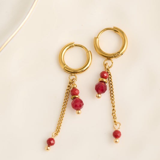 Narelle Waterproof Genuine Red Agate And Chain Hoop Drop Earrings