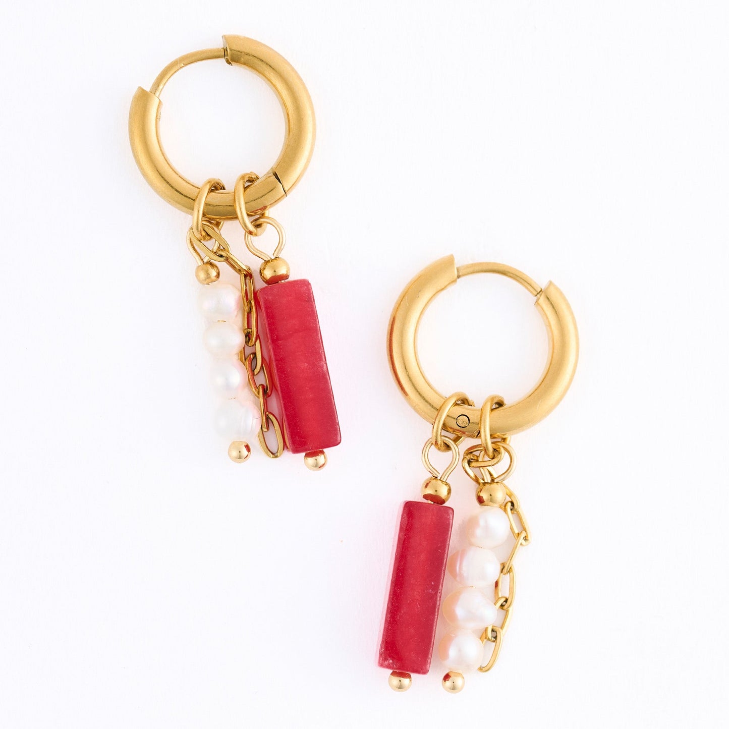 Narelle Waterproof Genuine Red Agate and Pearl Charm Hoop Earrings