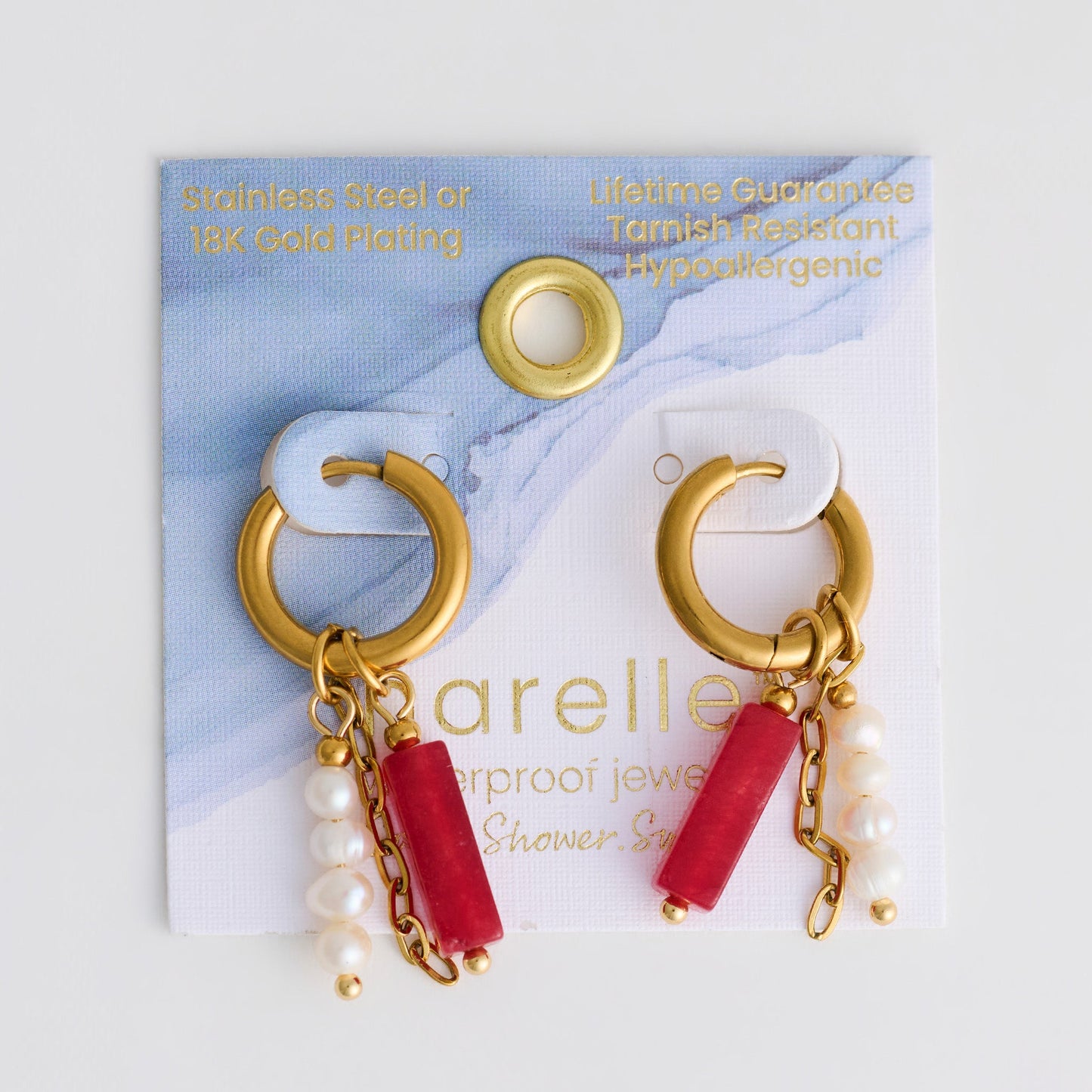 Narelle Waterproof Genuine Red Agate and Pearl Charm Hoop Earrings
