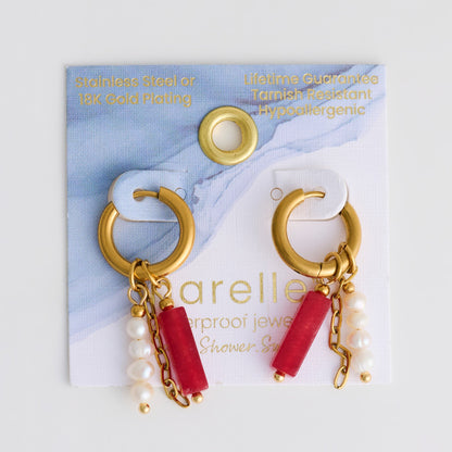 Narelle Waterproof Genuine Red Agate and Pearl Charm Hoop Earrings