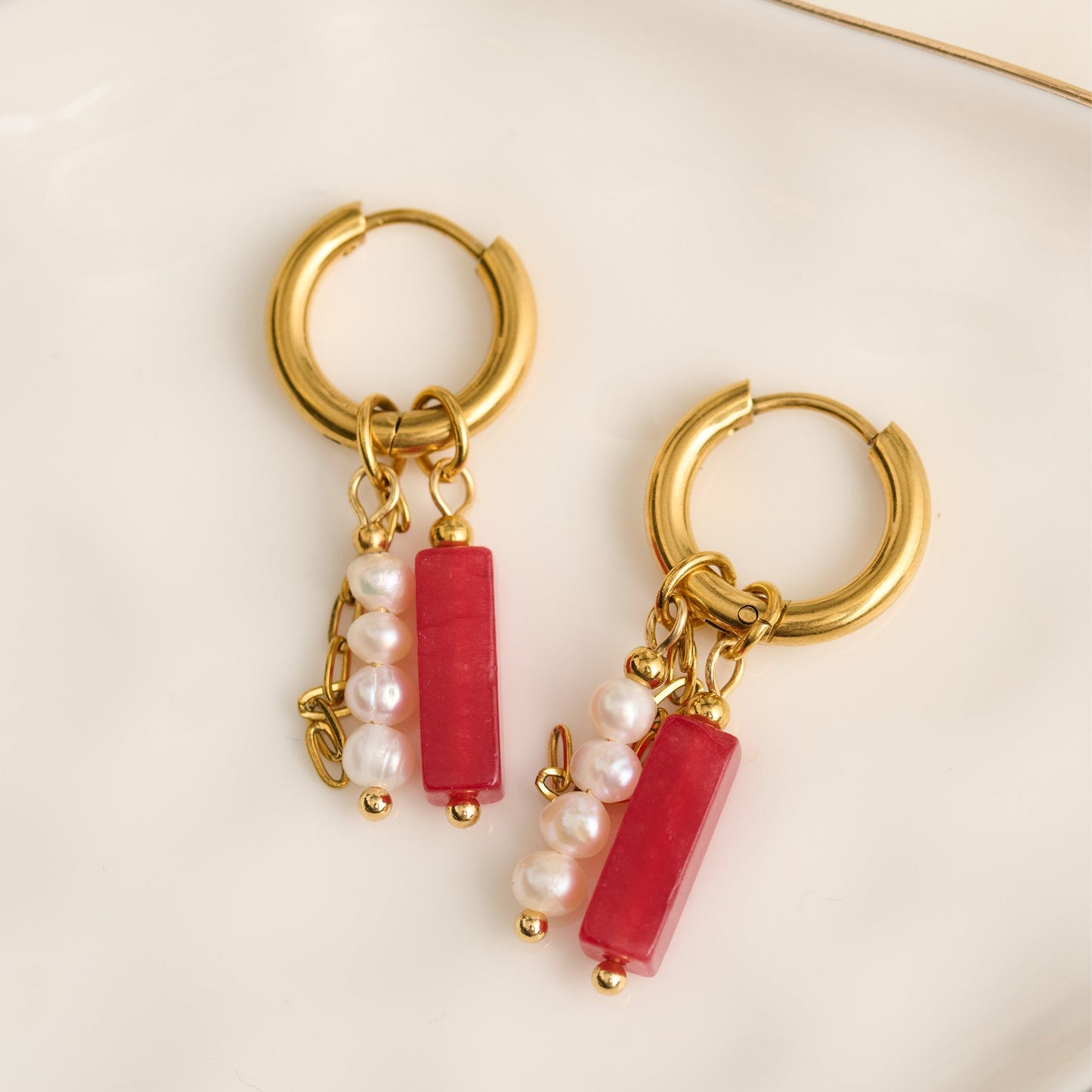 Narelle Waterproof Genuine Red Agate and Pearl Charm Hoop Earrings