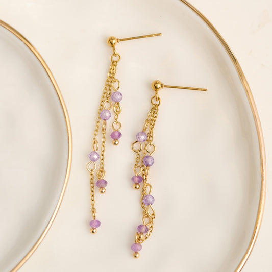 Narelle Waterproof Genuine Amethyst Multi Chain Drop Earrings